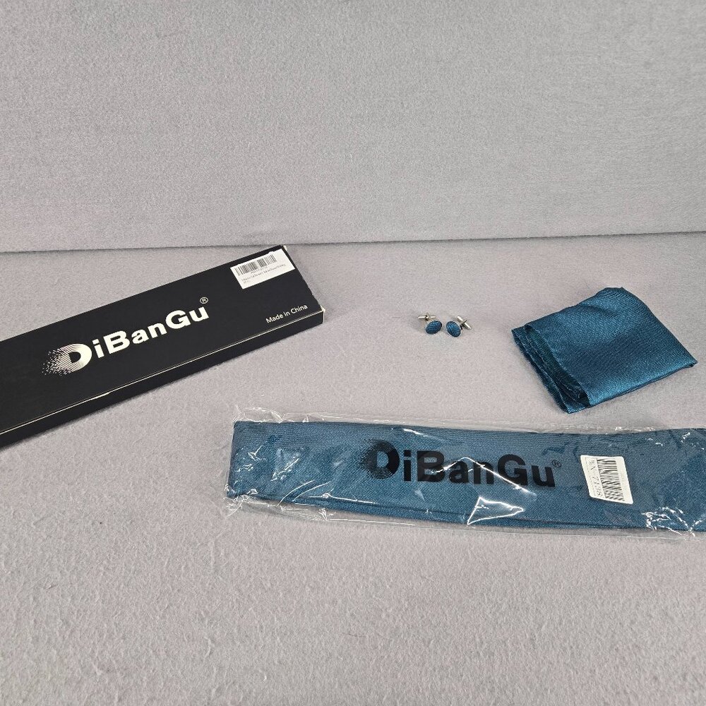 DiBanGu Men's Tie Set w/Pocket Square & Cuff Links, Teal, Wedding, NWOT